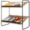 Twee verdiepingen tellende tijdschriftenrek met houten planken en zwart metalen frame. Tijdschriften liggen op beide niveaus.