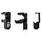 Drei Ansichten eines schwarzen Barcode-Scanners und einer Halterung. Der Scanner hat ein Display und Tasten. Beide Halterungen sind aus Metall.