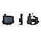 Drei Ansichten eines schwarzen Tablet-Halters. Links ein Tablet in der Halterung, Mitte Halter von der Seite, rechts der Halter ohne Tablet.