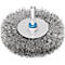 Brosse métallique avec poils circulaires, tige métallique et bague bleue.