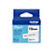 Blau-weiße Brother P-touch Schriftbandkassette, Aufschrift "12mm Black on Clear Tape".