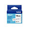 Blau-weiße Brother P-touch Schriftbandkassette. Aufschrift: 12mm, weiß auf transparentem Band, Modell Btag-135, 4m.