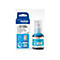 Blaue Brother BTD100c Tintenflasche mit Verpackungskarton vor neutralem Hintergrund.