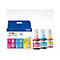 Brother BTD100CL Nachfülltinte Set mit Magenta, Cyan und Gelb Flaschen vor der Produktverpackung.