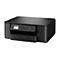Schwarzer Drucker mit Display und Bedienfeld, vor weißem Hintergrund. Produktname: Brother DCP-J3100W.
