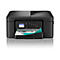 Schwarzer Brother DCP-J1360W Multifunktionsdrucker von vorne mit eingelegtem bedrucktem Dokument.