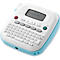 Een wit en blauw labelmaker met toetsenbord en display. Het display geeft "P-touch 120" weer.