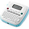Een witte en blauwe labelprinter met een toetsenbord en display. Het display toont "P-touch N20".