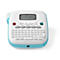 Wit en blauw labelmaker. Zwart scherm, toetsenbord met letters en cijfers. Gedrukt 'P-touch N20'.