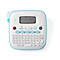 Een witte Brother P-touch N25BT labelmaker met een blauwe rand en knoppen. Op het display staat P-touch N25BT.