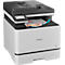 Brother Multifunktions-Laserdrucker in Weiß und Grau mit Touchscreen und bedrucktem Blatt im Ausgabefach.
