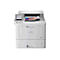 Weißer Brother-Farblaserdrucker mit farbigem Display, bedrucktem Papier und Logo.