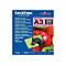 Produktverpackung von Brother A3 Hochglanz-Fotopapier mit 20 Blatt und farbenfrohem Früchte- und Hundemotiv.