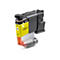 Gelbe Brother-Tintenpatrone LC521Y. Schwarze und graue Kunststoffteile, transparente Unterseite. Aufschrift: LC521Y, Brother, PUSH.