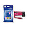 Brother LC527XLM Magenta Tintenpatrone neben ihrer blauen Verpackung auf weißem Hintergrund.