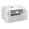 Weißer Brother-Multifunktionsdrucker mit Bedienfeld und zwei Papierschubladen. Auf dem Bedienfeld werden Informationen angezeigt.