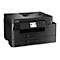 Schwarzer Brother-Multifunktionsdrucker. Bedienfeld mit Tasten und Display, darunter Papierschubladen.