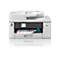 Weißer Brother-Multifunktionsdrucker, der einen farbigen Ausdruck ausgibt. Auf dem Display stehen Datum und Funktionen. Modell: MFC-J5345DW.