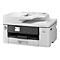 Weißer Brother-Multifunktionsdrucker mit Bedienfeld und Display. Das Papierfach ist offen.