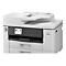 Ein weißer Brother-Multifunktionsdrucker mit Bildschirm und Zifferntasten. Die Schrift zeigt: Kopie, Scan, Fax. Auf dem Display Datum und Uhrzeit.