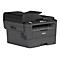 Schwarzer Brother Multifunktionsdrucker. Oben ein offener Scanner, darunter Bedienfeld und Papierauszug.