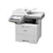 Weißer Brother Laserdrucker mit Touchscreen-Display vor neutralem Hintergrund.