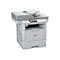 Grauer Multifunktionsdrucker von Brother. Oben offener Scanner, Bedienfeld mit Display, darunter Papierschublade mit Brother-Logo.