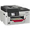 Grau-schwarzer Brother Multifunktionsdrucker mit Touchscreen und bedrucktem Blatt Papier.