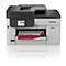 Kompakter Brother Multifunktionsdrucker in Grau und Schwarz mit Touchscreen und bedrucktem Blatt im Ausgabefach.