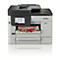 Grauer Brother Multifunktionsdrucker mit Touchscreen und bedrucktem Blatt Papier.
