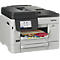 Ein grauer Brother-Multifunktionsdrucker mit Touchscreen und zwei Papierkassetten vor neutralem Hintergrund.
