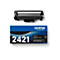 Schwarze Brother TN-2421 Tonerkartusche und die dazugehörige blau-schwarze Produktverpackung vor weißem Hintergrund.