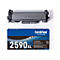 Schwarze Brother TN2590XL Tonerkartusche mit dazugehöriger blauer Verpackung.