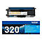 Schwarzer Brother-Toner TN320C mit blauer Kartusche und Verpackung, Beschriftung 320, weißer Aufdruck.