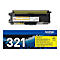 Gelbe Brother TN321Y Tonerkartusche, daneben die Produktverpackung mit der Aufschrift 321 und technischen Daten.