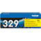 Gele Brother tonercartridge. Opschrift "TN329Y", A4 6000. Blauwe doos met zwarte achtergrond en witte "329".