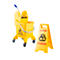 Yellow mop bucket and caution sign for wet floor on white background.