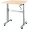 Bureau réglable en hauteur, plateau en bois clair, cadre gris, roulettes.