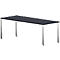 Une table rectangulaire avec un plateau gris et des pieds argentés. Il y a des pieds en plastique noir sur les pieds.