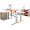 Bureau Confort, réglage électrique de la hauteur, forme libre, approche à droite, pied en C, L 1800 x P 1000/800 x H 655-1305 mm, hêtre/alu blanc