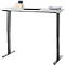 Bureau réglable en hauteur avec plateau blanc et pieds sombres. Un ordinateur portable, des livres et un porte-stylo sont sur le bureau.
