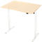 Lichtbruine rechthoekige bureau op witte in hoogte verstelbare poten. Het tafelblad heeft een houtnerf.