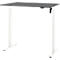 In hoogte verstelbaar bureau met grijs tafelblad en witte poten, zonder persoon.