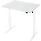 Witte, in hoogte verstelbare bureau met een rechthoekig tafelblad en twee witte poten.