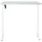 Een witte, in hoogte verstelbare bureau, vierkant, met een lichtgekleurd tafelblad. De poten en het frame zijn wit. Er is een zwart verstelmechanisme aan de zijkant.