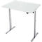 Een witte in hoogte verstelbare bureau op grijs-zilveren poten, tegen een witte achtergrond.
