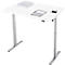 Een in hoogte verstelbaar bureau, wit, met zilveren poten, een papierbak, notitieblok en perforator.
