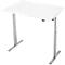 Witte, in hoogte verstelbare bureau met zilveren poten. Detailweergave: werkblad, hefinrichting.