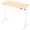 Een in hoogte verstelbaar bureau met een lichtbruin tafelblad en witte poten.