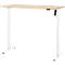 In hoogte verstelbaar bureau. Licht houten blad, witte poten, bediening.